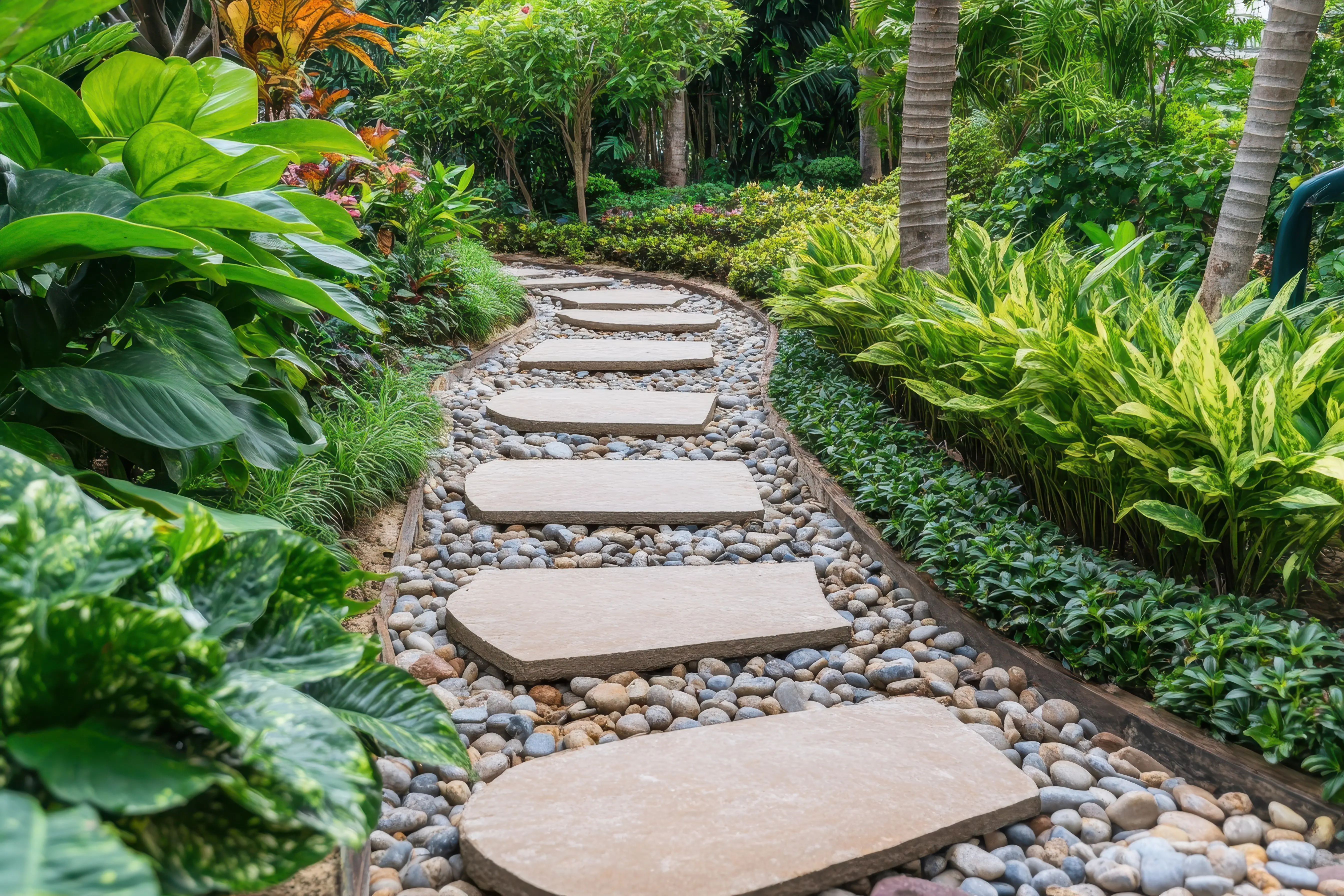 A welcoming garden path lined with neatly arranged green plants.