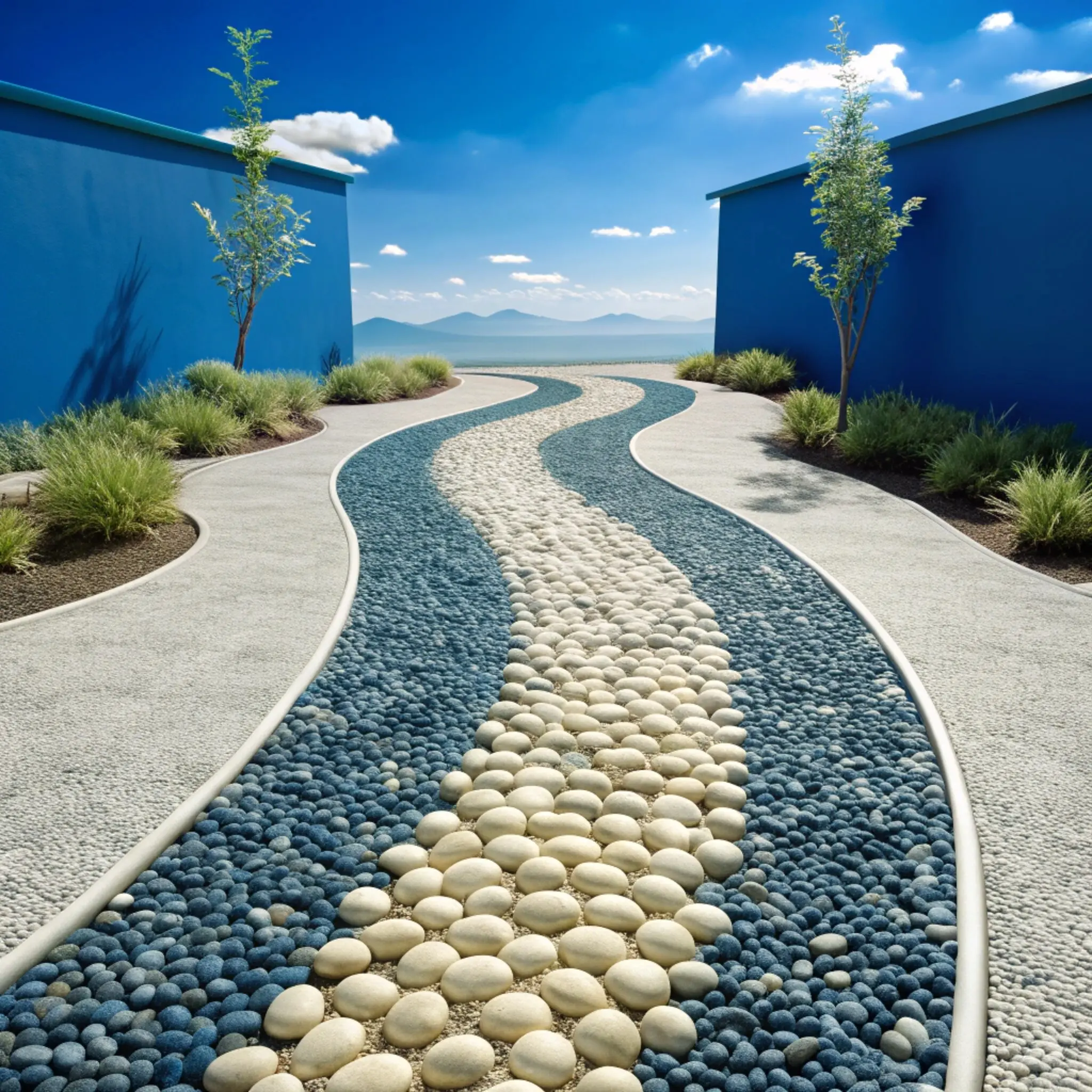 A pathway with rocks and trees on it, with a blue building in the background.