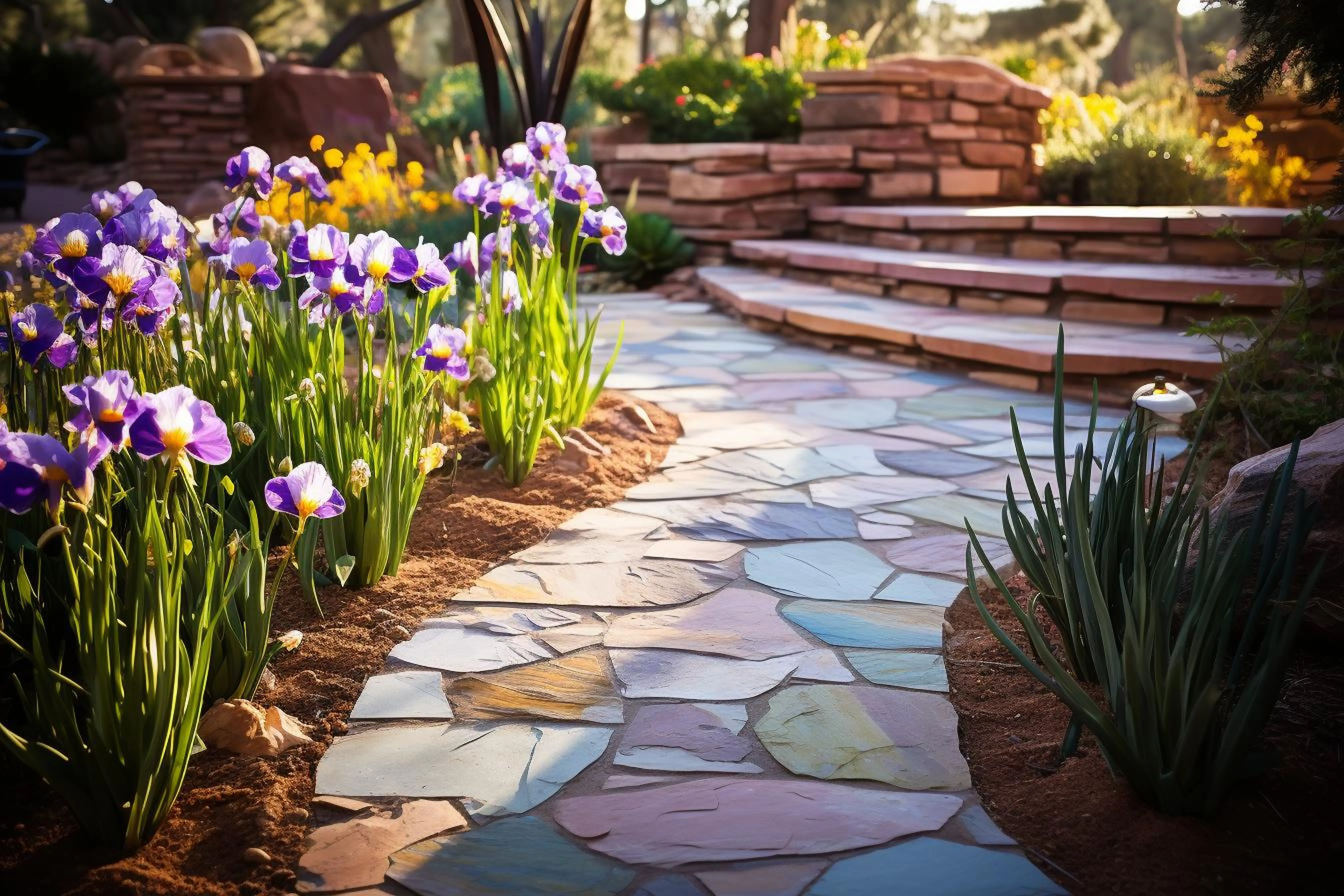 Spring flower photography image of a rustic stone path bordered by colorful irises