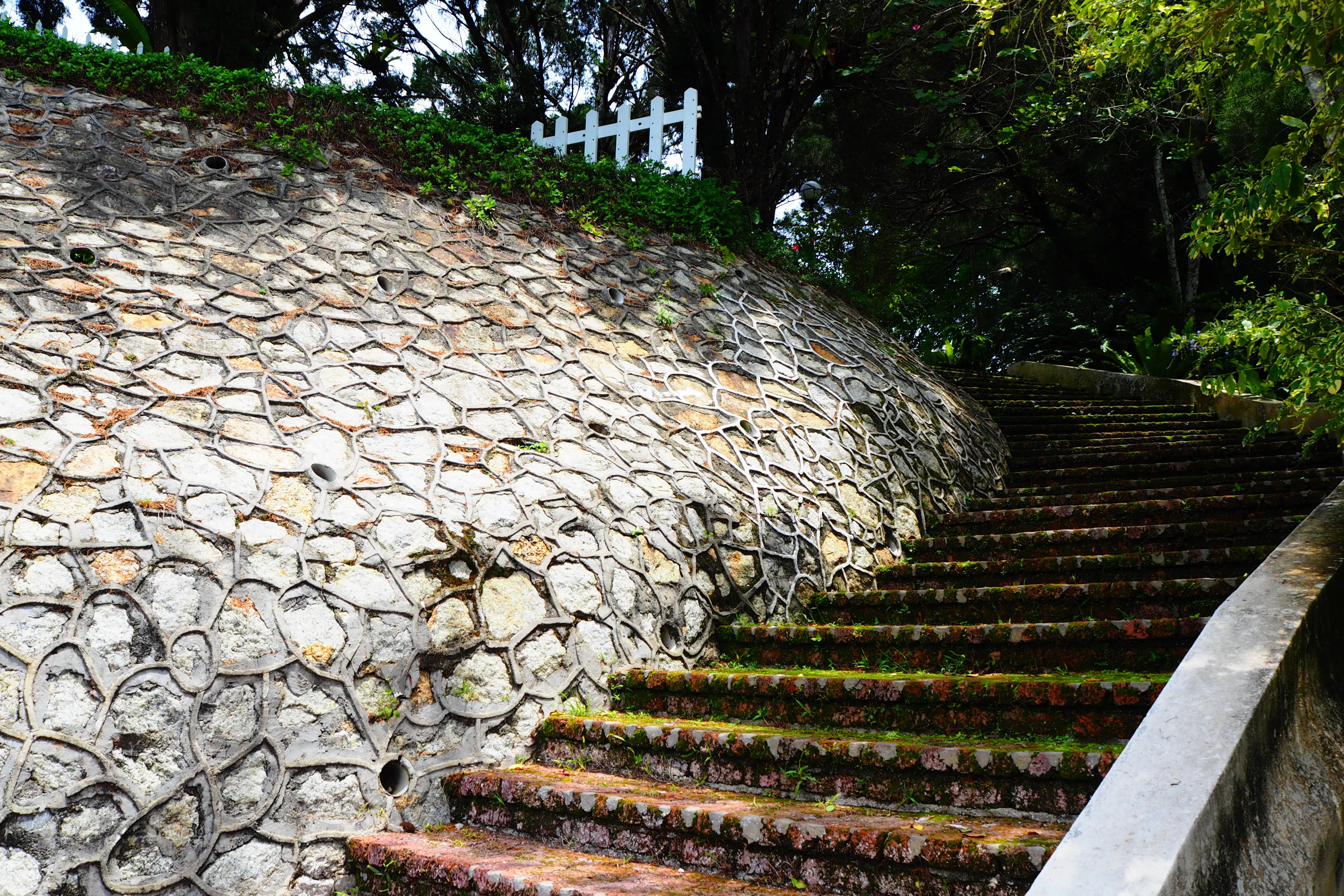 Stairs leading to a stone wall.