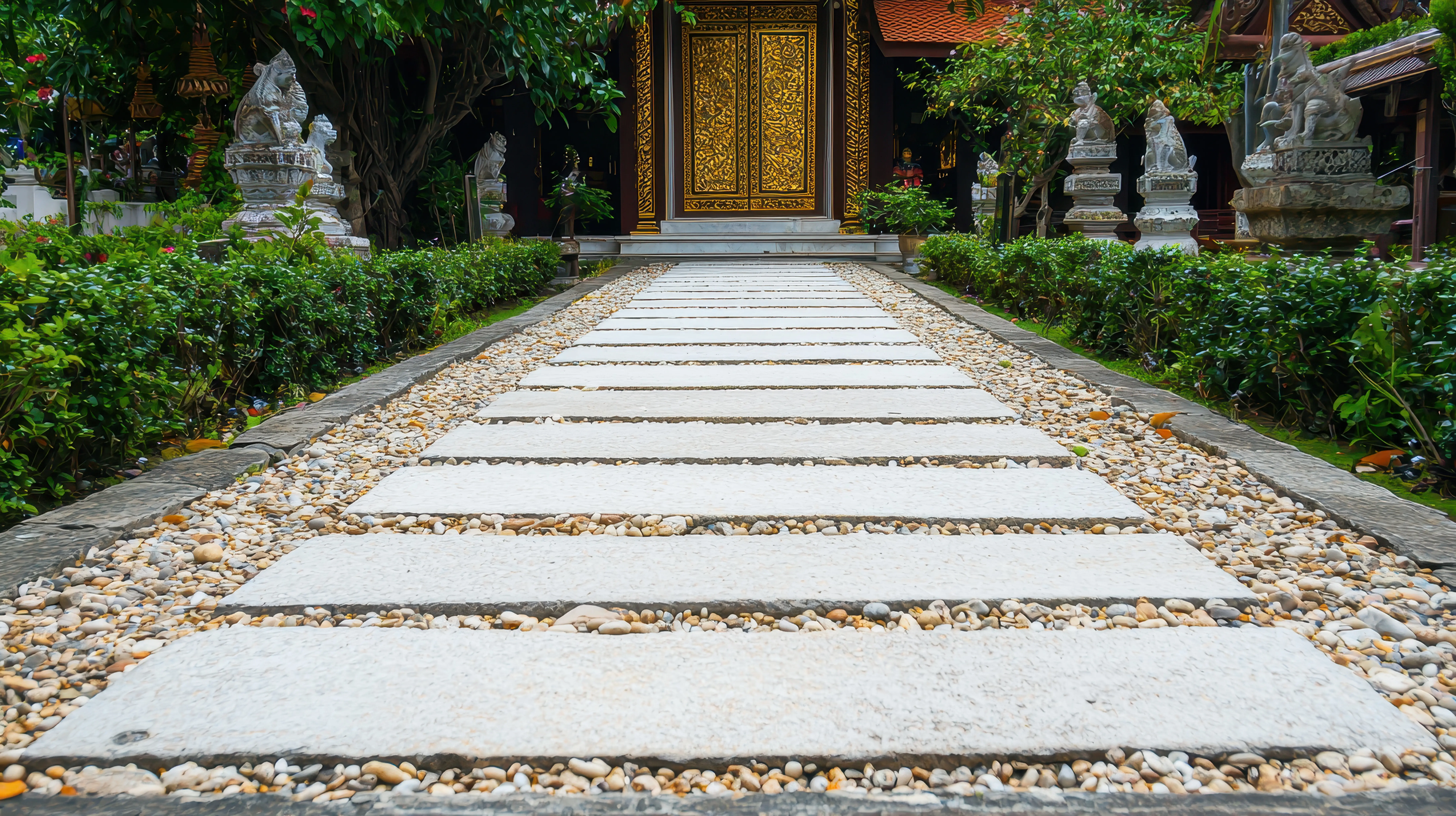 In an Asian garden, a stone path leads to an ornate doorway.